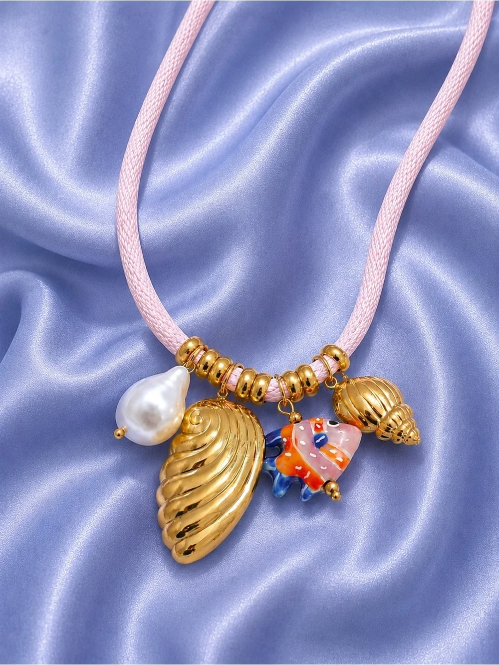 Sea Coastal Charms Pink Cord Necklace